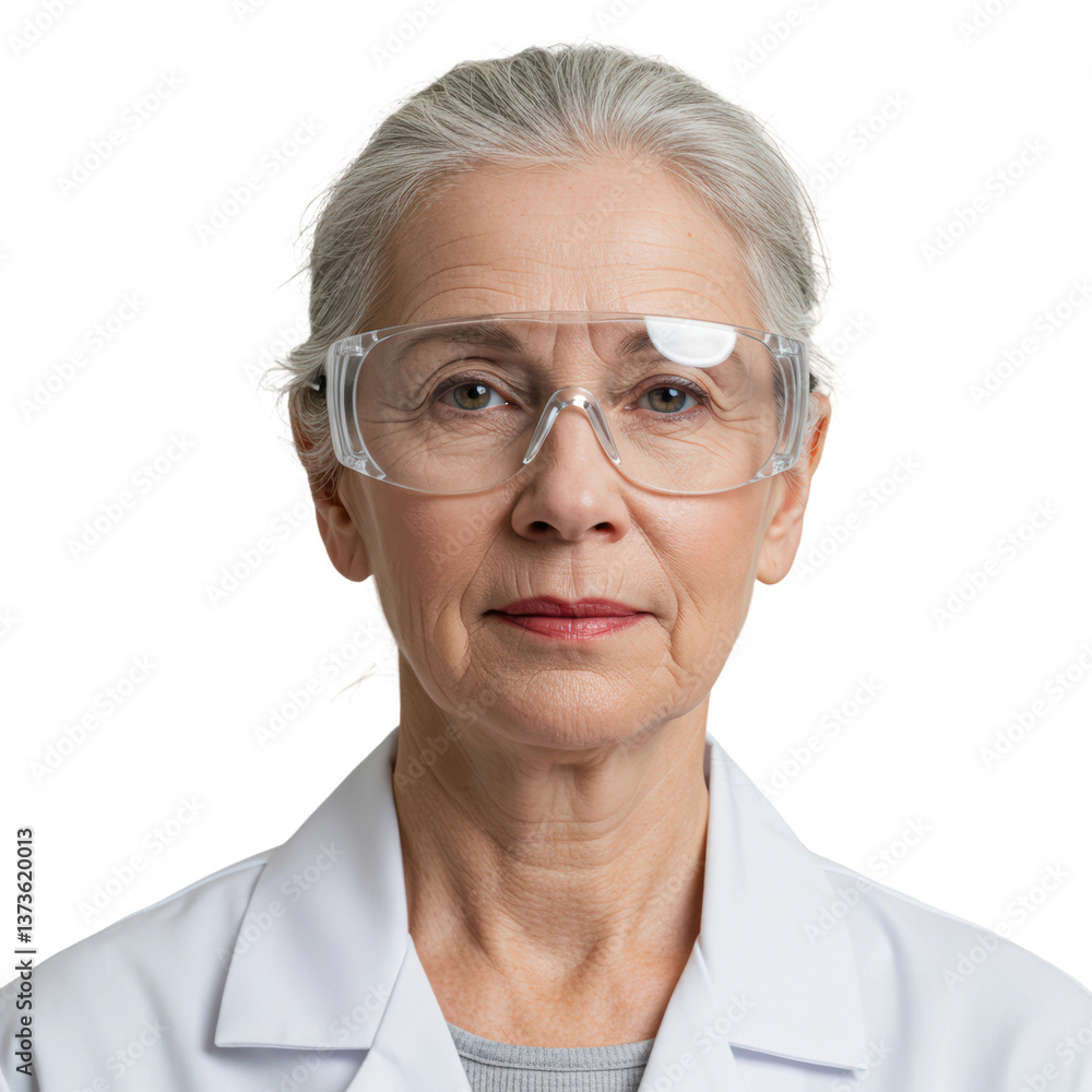An experienced female scientist in lab coat and safety glasses stares intently at the camera. An experienced female scientist in lab coat and safety glasses stares intently at the camera.