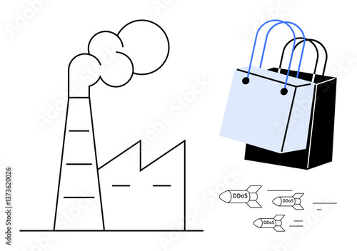 Industrial factory emitting smoke, a blue and black shopping bag, and cyber threats symbolized by flying DDOS bombs. Ideal for environment, commerce, cybersecurity, industrial impact, consumerism