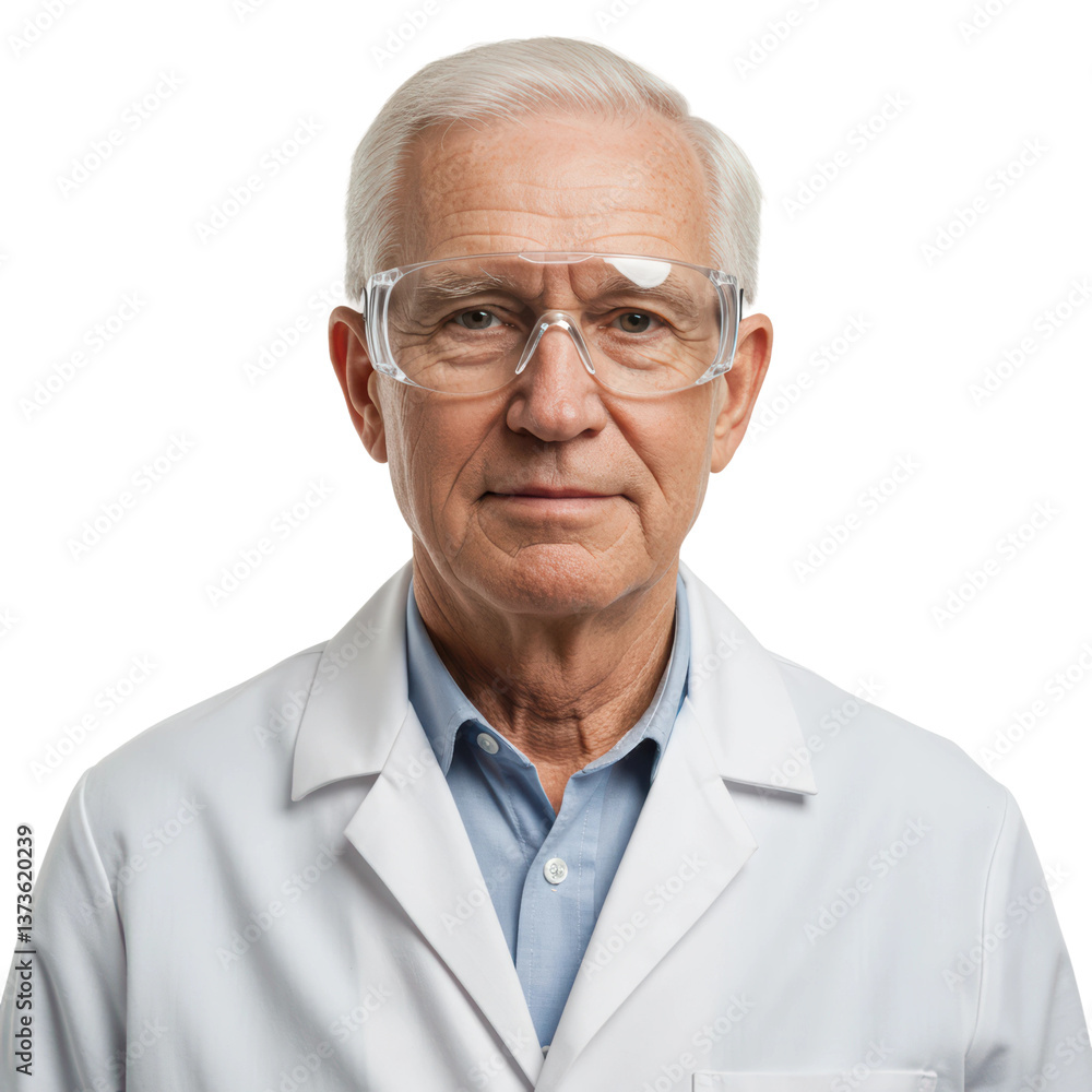Senior scientist in safety glasses and a white lab coat looks confidently at the camera. Senior scientist in safety glasses and a white lab coat looks confidently at the camera.
