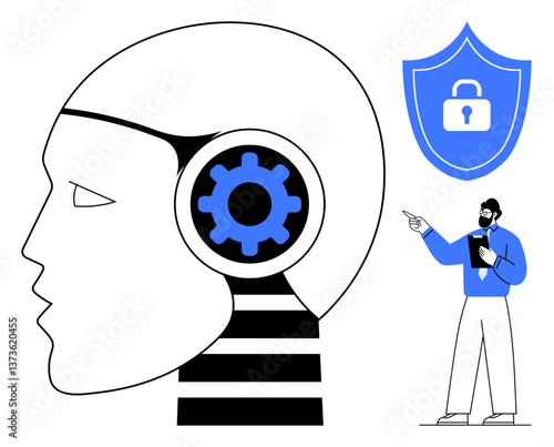 Profile of AI head with gear symbolizes technology and innovation, shield with lock addresses data security, analyst emphasizes responsibility. Ideal for AI, cybersecurity, innovation