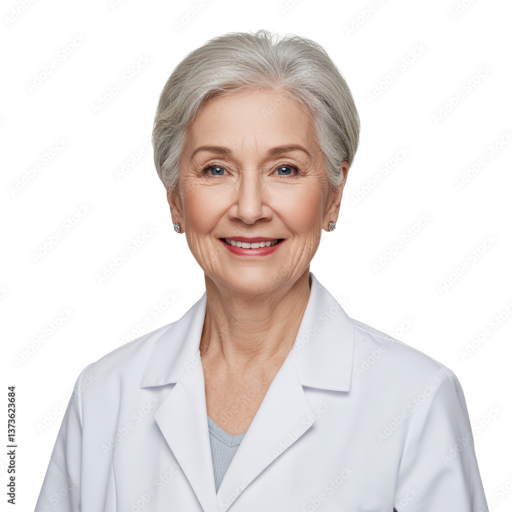 A friendly mature woman in a white coat smiles with a kind gaze in this studio portrait. A friendly mature woman in a white coat smiles with a kind gaze in this studio portrait.