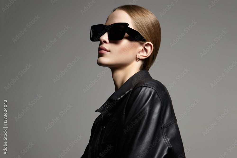 woman in sunglasses. blond girl in black glasses and leather coat