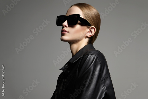 woman in sunglasses. blond girl in black glasses and leather coat