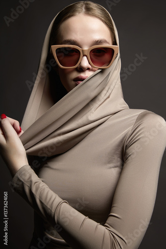 Obraz na płótnie Beautiful young woman in sunglasses and hood w salonie