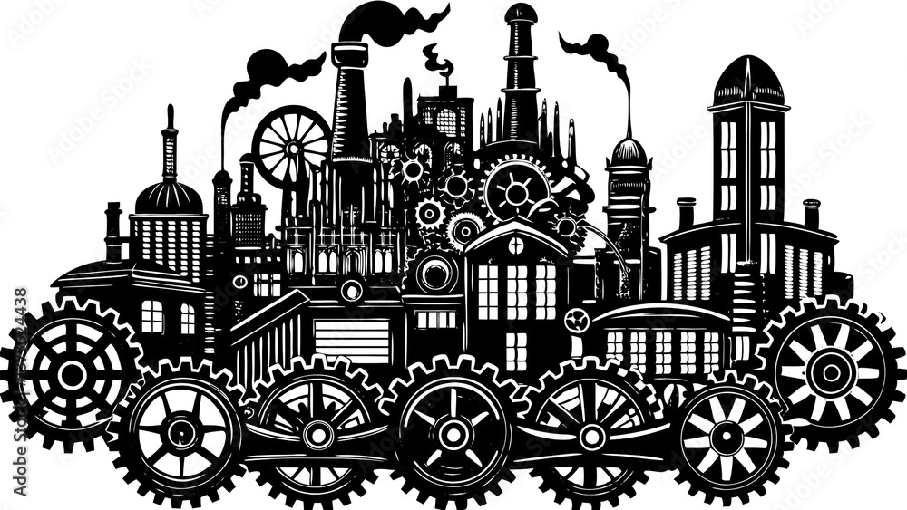 Obraz premium Car and tractor silhouettes on a European road illustration