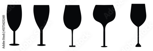 Silhouettes various alcohol cocktail glasses bar set. Black Isolated Glasses of wine, glasses of beer, bar bottles and shot glasses .Vector Illustration . EPS 10 .