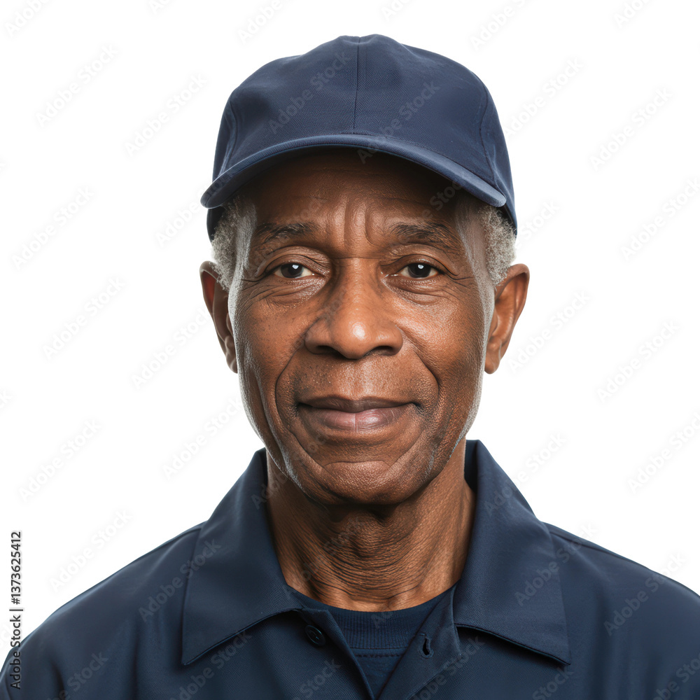 A friendly senior African-American man smiles in his blue work uniform and cap against a black background. A friendly senior African-American man smiles in his blue work uniform and cap against a black background.