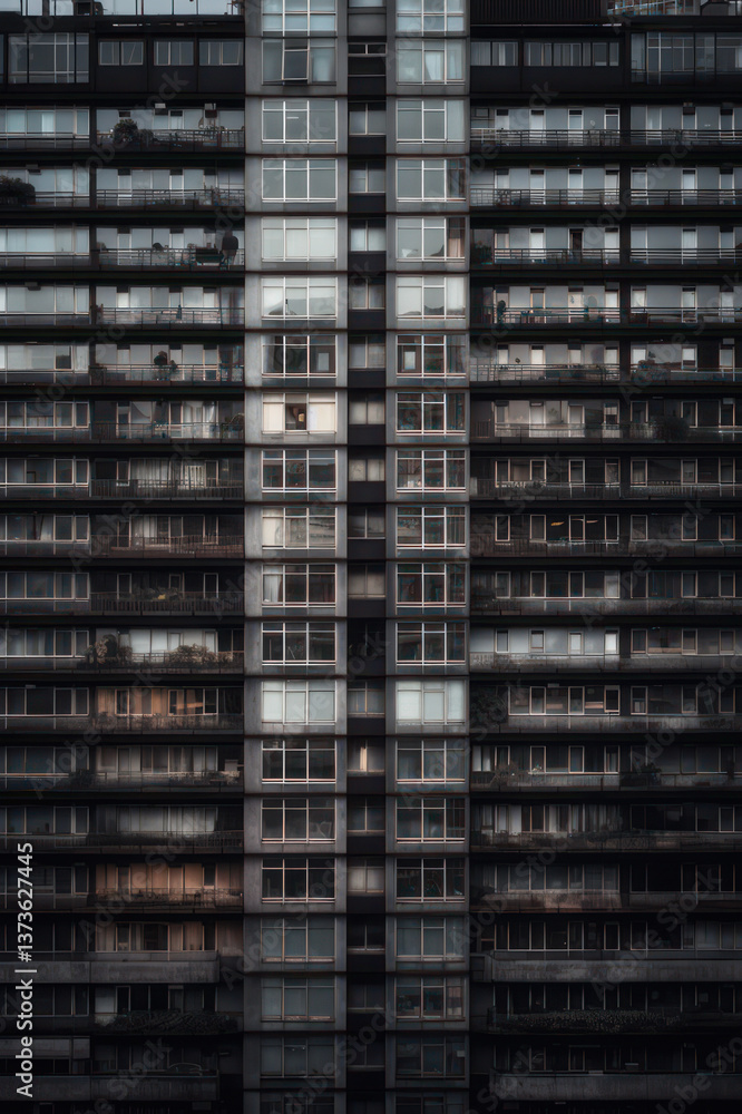 Obraz premium Symmetrical facade of modern apartment building at dusk