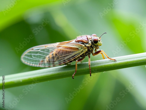 Obraz na płótnie The Cicadetta montana or New Forest Cicada on green stem, close-up w salonie