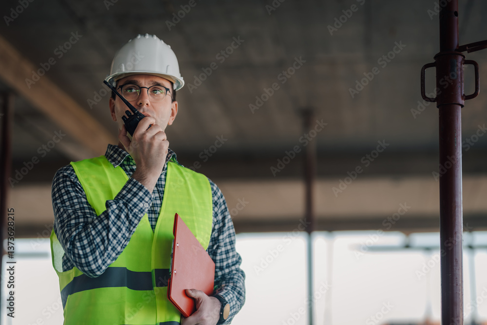 Construction manager using walkie-talkie and holding clipboard, wearing hardhat and safety vest Construction manager using walkie-talkie and holding clipboard, wearing hardhat and safety vest