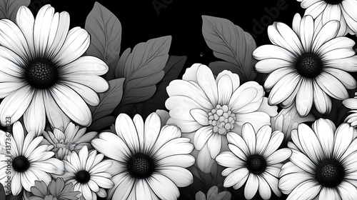 Wallpaper Mural Monochrome Floral Bouquet Detailed Artistic Illustration Torontodigital.ca
