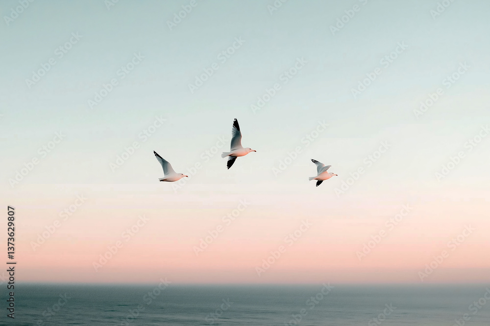 Fototapeta premium Three seagulls flying over calm ocean during pastel sunset sky