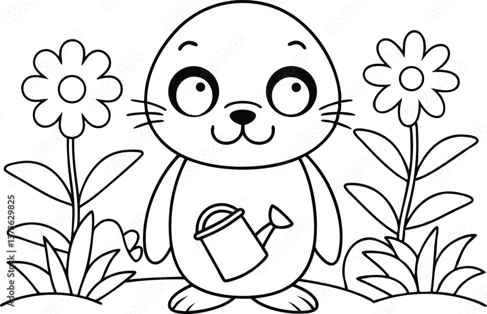 Cartoon Seal with Watering Can Between Flowers on Transparent Background Cartoon Seal with Watering Can Between Flowers on Transparent Background