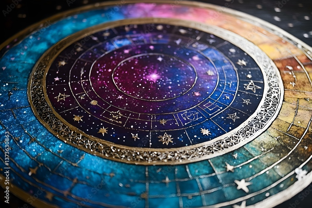 A colorful celestial map or astrological chart with intricate patterns, stars, and a galaxy background. Concept Celestial Map Design, Astrological Chart Art, Intricate Star Patterns