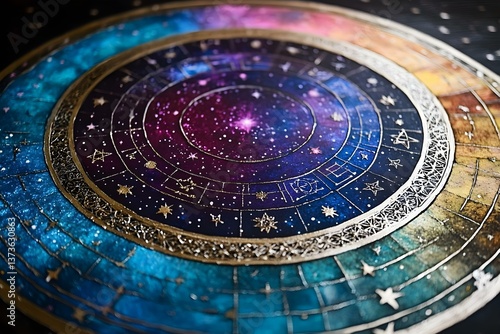 Obraz na płótnie A colorful celestial map or astrological chart with intricate patterns, stars, and a galaxy background. Concept Celestial Map Design, Astrological Chart Art, Intricate Star Patterns w salonie