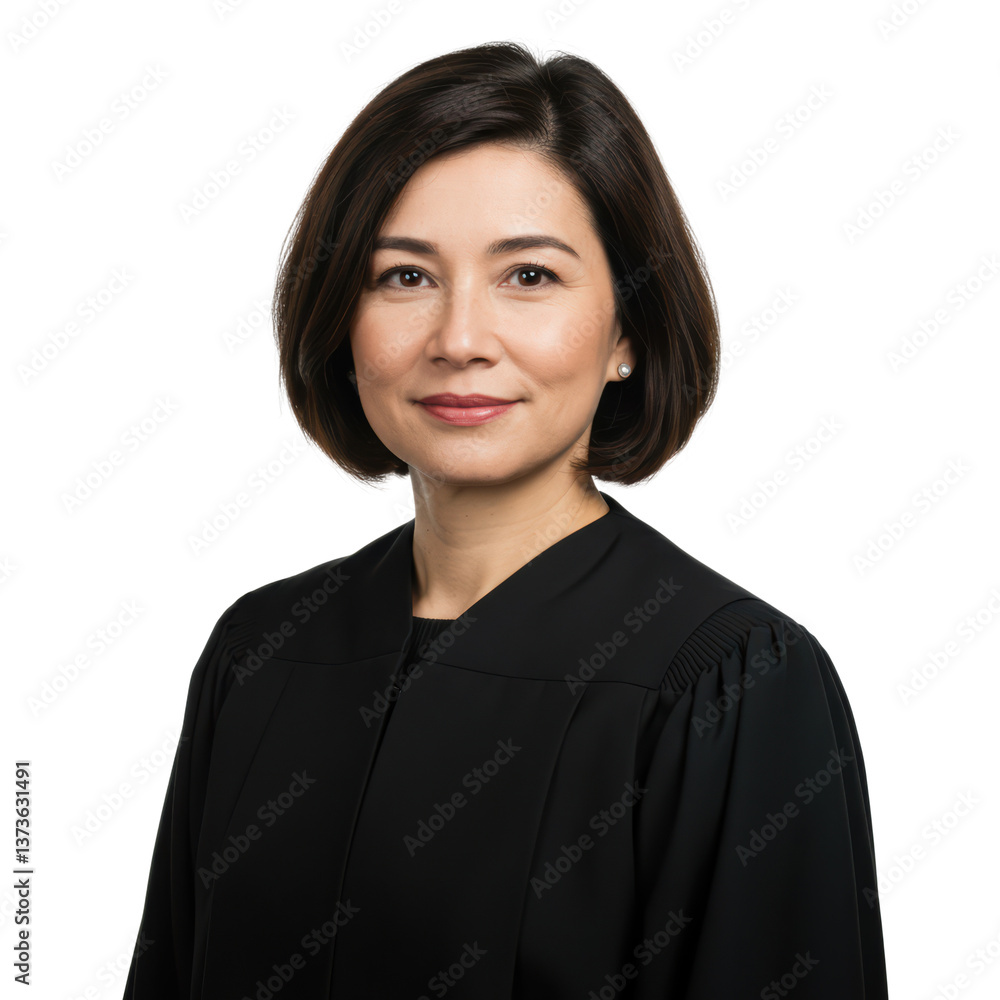 Confident woman with a serene expression in judicial robe stands against a black background.
