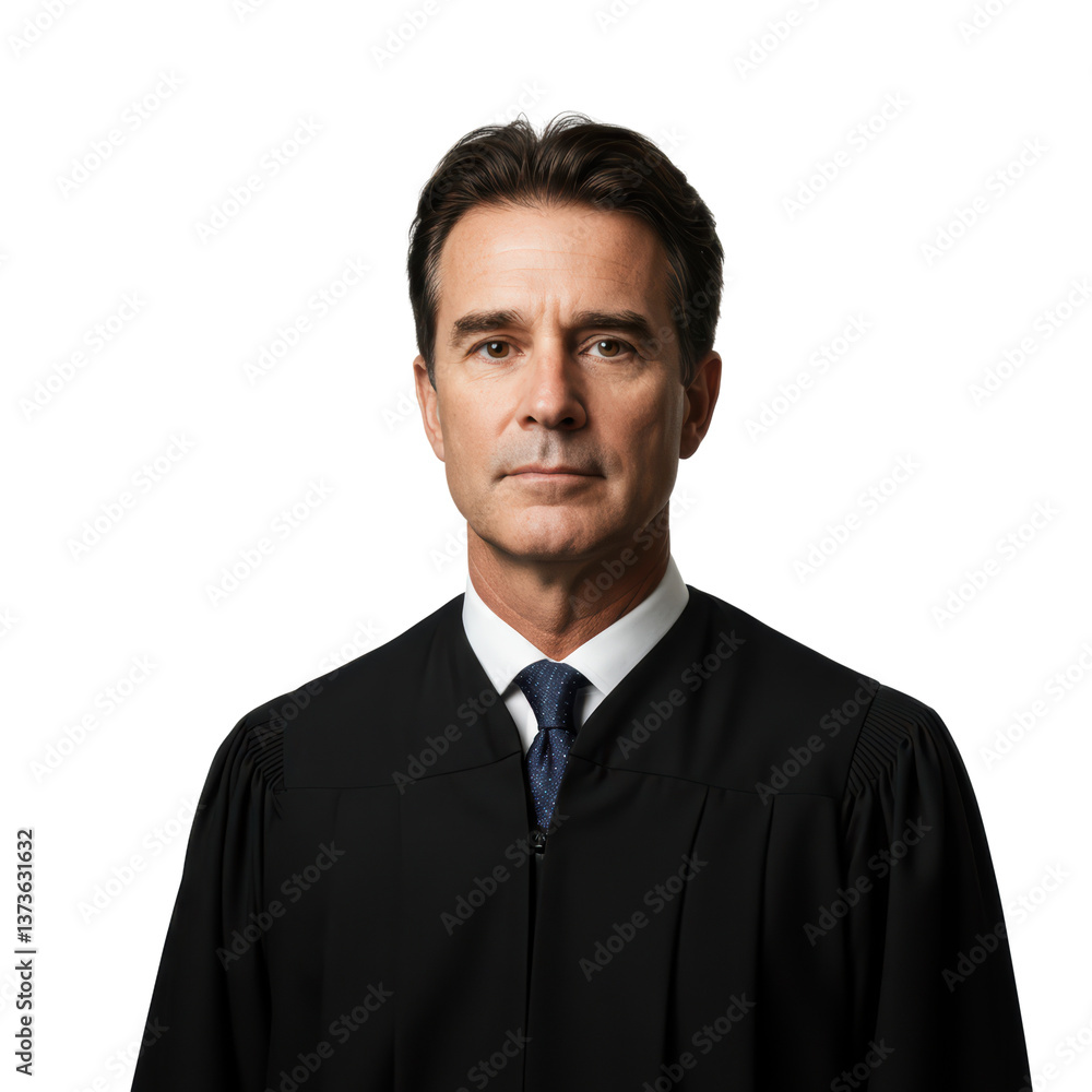 Solemn judge in judicial robe gazes directly, embodying authority and the pursuit of justice.