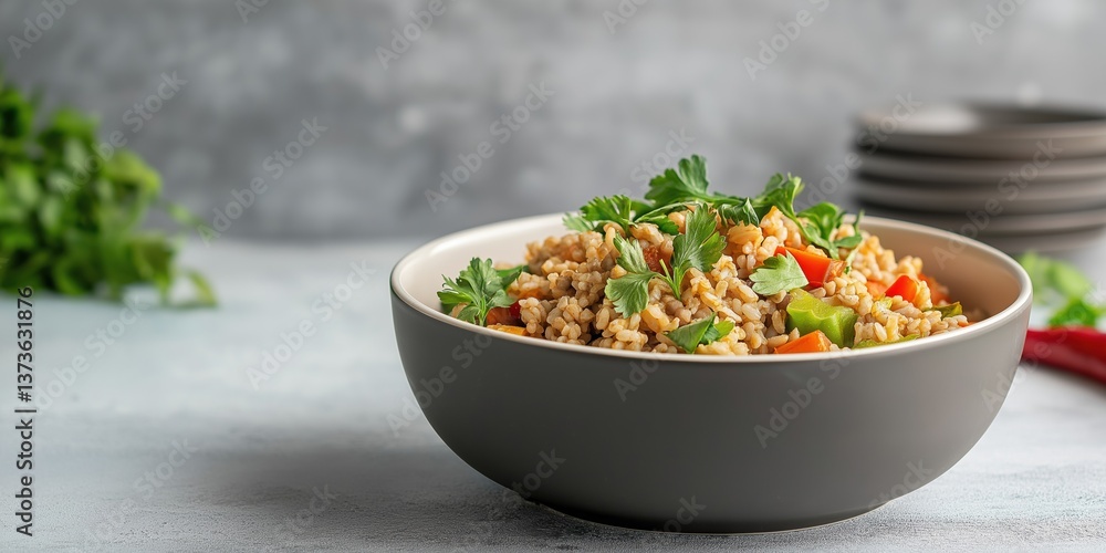 A bowl of food with a green garnish on the side. The bowl is filled with rice and vegetables A bowl of food with a green garnish on the side. The bowl is filled with rice and vegetables