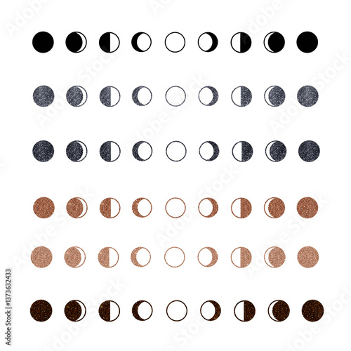 Moon phases glitter moons black silver bronze red sparkling set of 6 