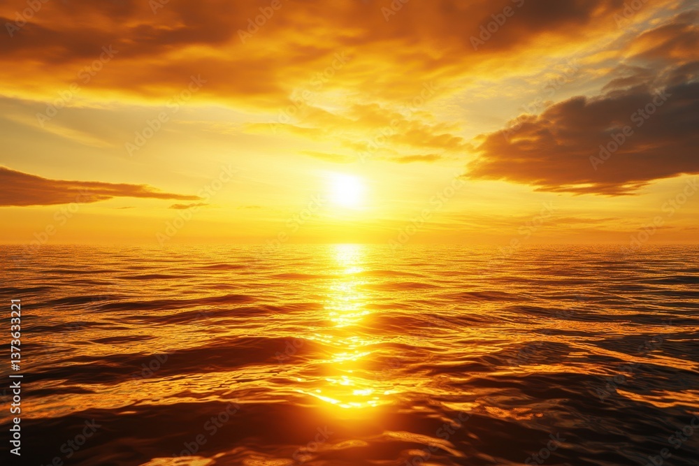 Fototapeta premium Golden sunset casts shimmering reflections on tranquil ocean waves