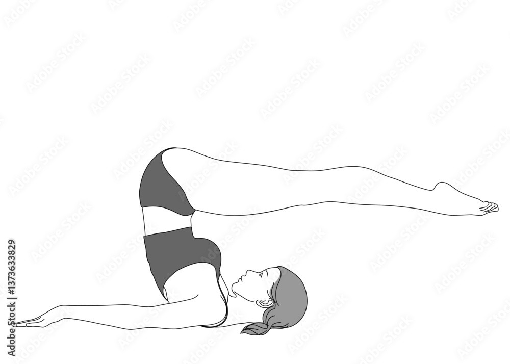 ヨガ 鋤のポーズをする日本人女性のイラスト 全身横向き