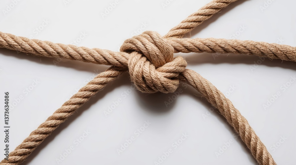 Close-up of twisted rope with tied knot. Beige hemp fiber cable on white background. Symbol of connection, strength, marine, trust, support, unity, safety and hope. Close-up of twisted rope with tied knot. Beige hemp fiber cable on white background. Symbol of connection, strength, marine, trust, support, unity, safety and hope.