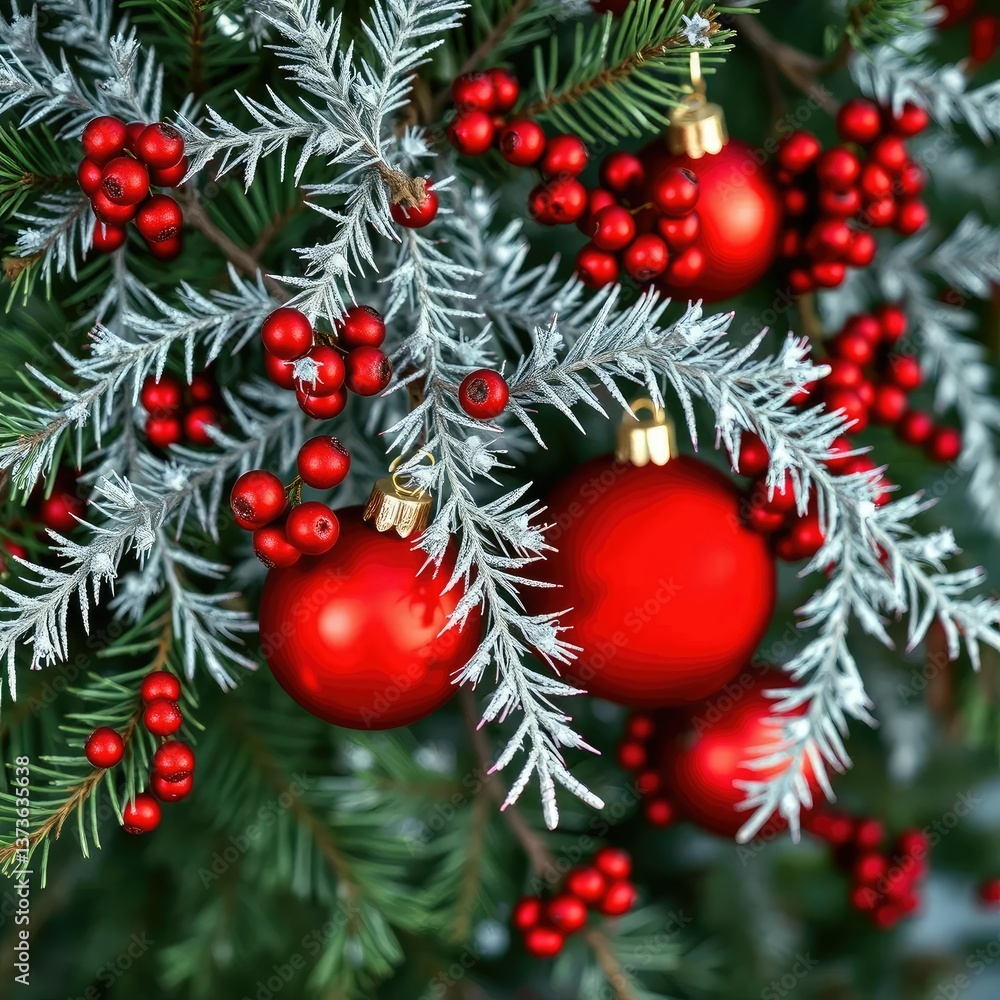 Delicate silver garlands intertwined with crimson berries and glass baubles, pine branches, holiday season, red ornaments Delicate silver garlands intertwined with crimson berries and glass baubles, pine branches, holiday season, red ornaments