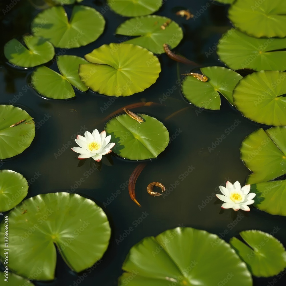 Delicate lily pads on the surface of a tranquil river, lily pads, aquatic life Delicate lily pads on the surface of a tranquil river, lily pads, aquatic life
