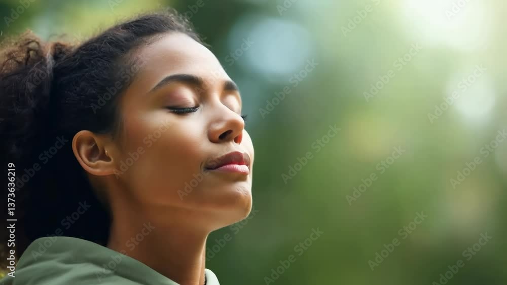 Close-up video shot of a serene woman with closed eyes, angled from the side, capturing a peaceful moment against a blurred green background. Close-up video shot of a serene woman with closed eyes, angled from the side, capturing a peaceful moment against a blurred green background.