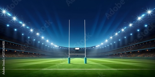 Wide angle view of a rugby field under stadium lights, showcasing goalposts and vibrant grass in a modern, fully packed arena banner and cover