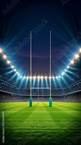 Nighttime rugby field with glowing floodlights, centered goalposts and a professional sports event atmosphere in a modern stadium