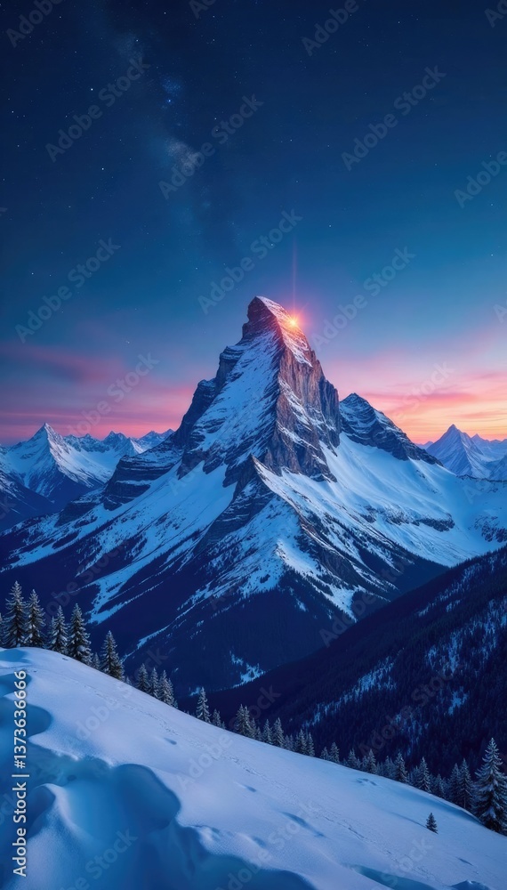 Snow-covered mountain peak under starry canvas, winter, night, snow Snow-covered mountain peak under starry canvas, winter, night, snow