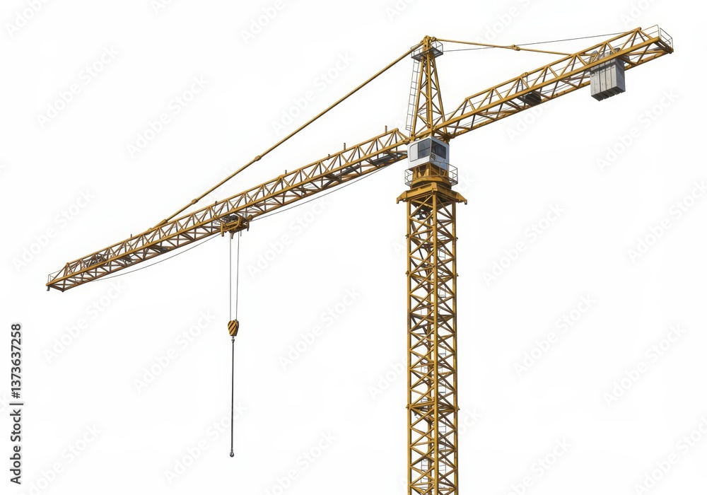 Tower crane on white background for construction work. Tall structure for lifting heavy materials. Contemporary architecture building industry technology machinery. Tower crane on white background for construction work. Tall structure for lifting heavy materials. Contemporary architecture building industry technology machinery.