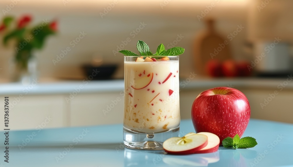 Creamy red apple smoothie with fresh apple garnish on kitchen counter with copy space Creamy red apple smoothie with fresh apple garnish on kitchen counter with copy space
