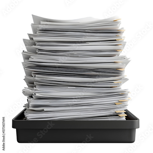 A large stack of white papers overflowing from a black tray against a black background