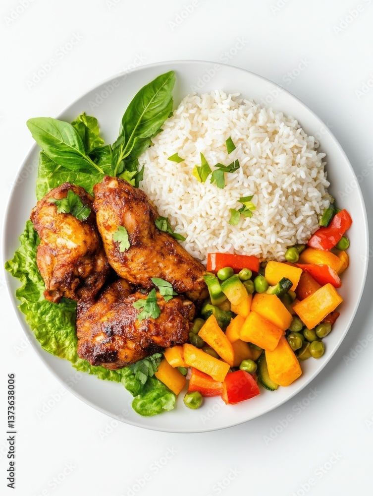A vibrant, colorful plate featuring grilled chicken, brown rice, red bell pepper, yellow squash, and mixed greens. A vibrant, colorful plate featuring grilled chicken, brown rice, red bell pepper, yellow squash, and mixed greens.