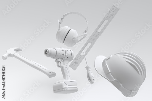 Flying view of monochrome construction tools for repair on white background