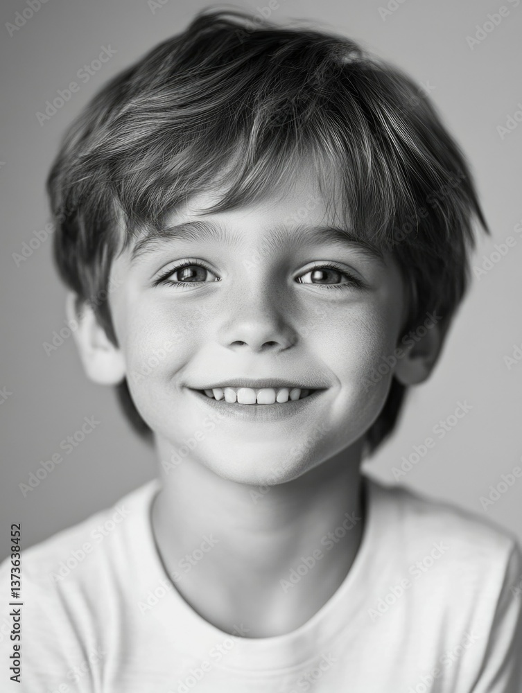 Portrait of a cheerful boy with brown hair and eyes, looking at the camera.