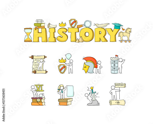 History education, school subject. History class icons with books, ancient documents, scroll and feather. Cute doodle men learning school lessons, vector hand drawn illustration
