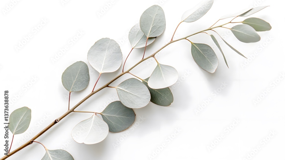 Fototapeta premium White-Painted Eucalyptus Branch with Minimalist Aesthetics, Isolated on a White Background, symbolizing minimalist sophistication and modern botanical decor, High-Resolution Contemporary Plant Stock