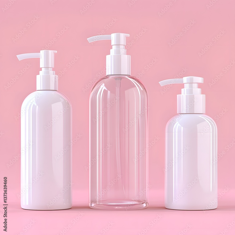 A collection of white and transparent cosmetic pump bottles in different sizes arranged neatly on a pink background showcasing a simple and modern design for various skincare products