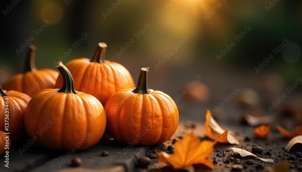 Stream of light illuminates small pumpkins in rustic scene, gourds, fall harvest, warm lighting Stream of light illuminates small pumpkins in rustic scene, gourds, fall harvest, warm lighting