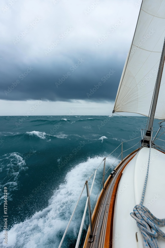 Fototapeta premium A sailboat is in the water with a storm in the background. The sky is cloudy and the water is choppy