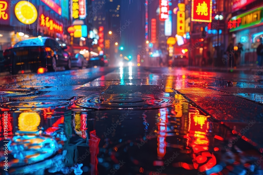 Fototapeta premium A cyberpunk cityscape bathed in the vibrant glow of neon lights, creating a futuristic and dystopian atmosphere.
