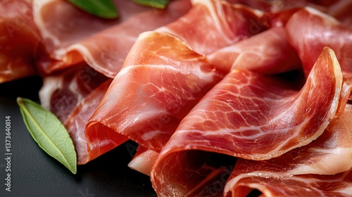 Iberico tapas Spanish delicacy Deliciously arranged slices of cured meat with green leaves.