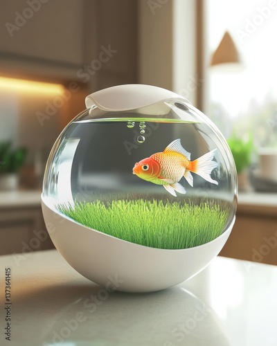 Mid-century modern scene featuring a spherical fish in a bowl set against a chic and stylish interior environment