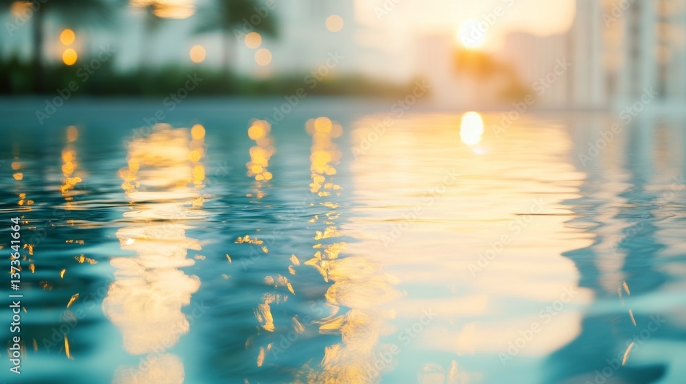 A tranquil pool of water shimmering with delicate golden flecks under soft dawn light, the reflection of a contemporary high-rise luxury building glinting in the backdrop, lush greenery subtly framing A tranquil pool of water shimmering with delicate golden flecks under soft dawn light, the reflection of a contemporary high-rise luxury building glinting in the backdrop, lush greenery subtly framing