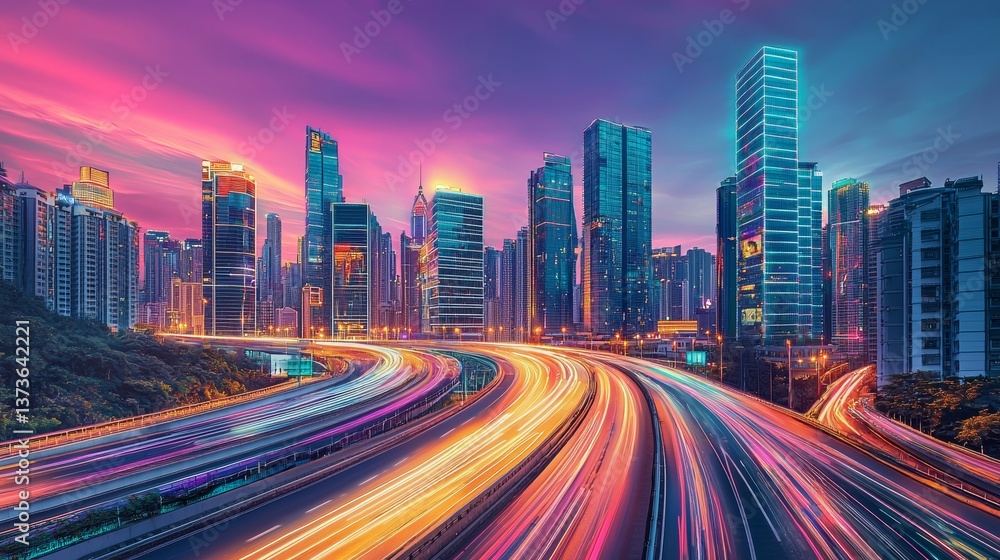 A vibrant and futuristic cityscape featuring a sleek, illuminated road leading into a horizon of towering skyscrapers with bold and reflective glass facades A vibrant and futuristic cityscape featuring a sleek, illuminated road leading into a horizon of towering skyscrapers with bold and reflective glass facades