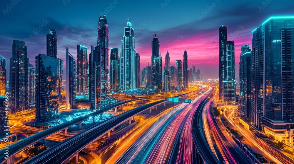 Obraz premium A vibrant and futuristic cityscape featuring a sleek, illuminated road leading into a horizon of towering skyscrapers with bold and reflective glass facades