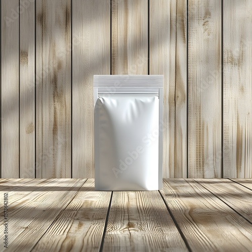 A plain white matte ziplock pouch resting on a wooden floor or table providing a clean and minimal background for product presentation or branding design